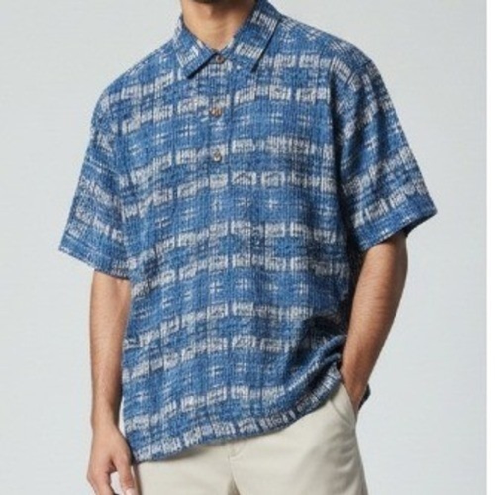 Island Republic Vintage Silk Camp Shirt Mens L Blue Abstract Short Sleeve NWT